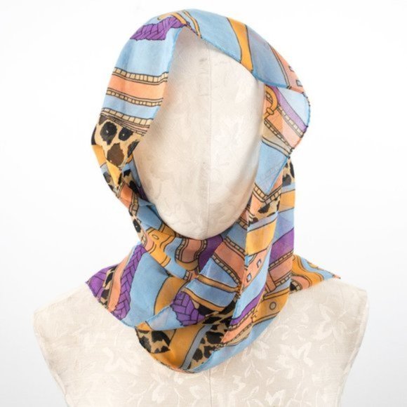 Vintage Scarf 80s 90s OS Silk Chiffon Fashion Graphic Print Blue - Picture 5 of 12